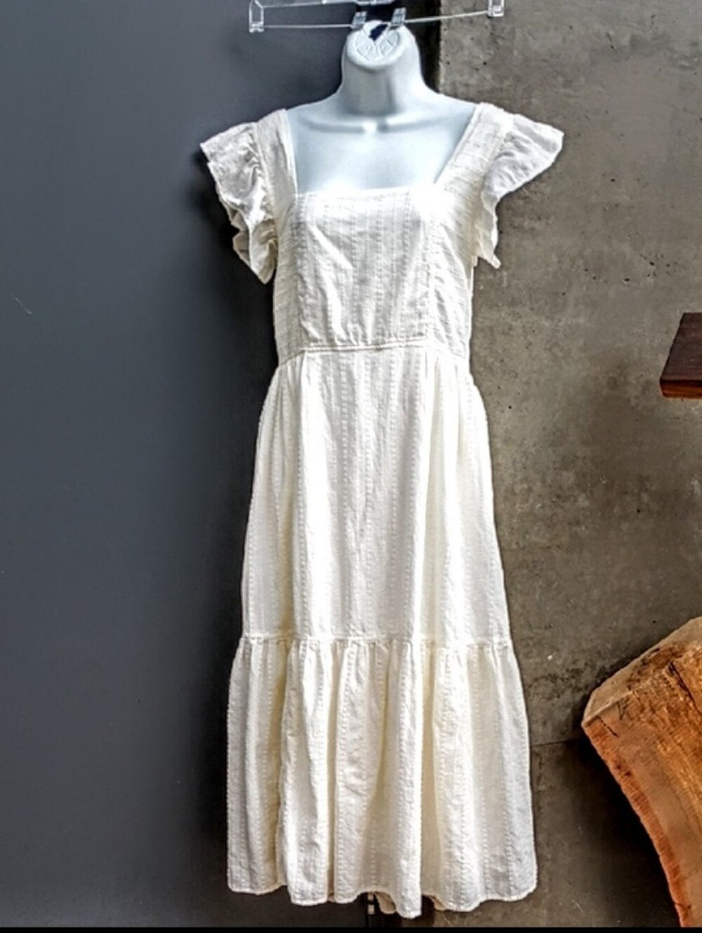 Madewell  Ruffle Strap Tiered Midi Dress Textural Stripe  In Ivory sz M